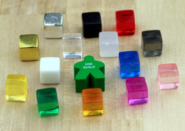 The Game Crafter - Board Game Pieces - 10mm Ice Cubes (14 colors, 17mm Meeple for scale)